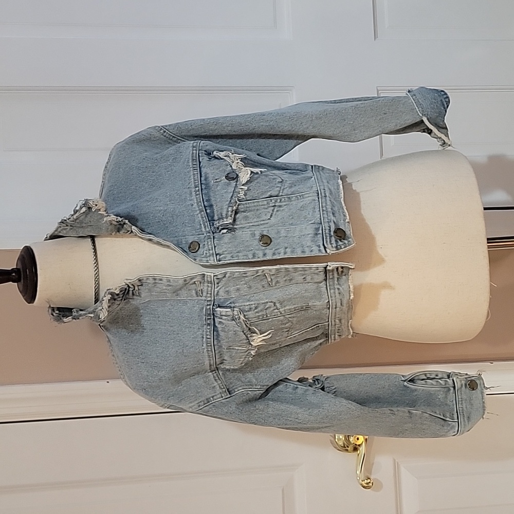 Denim Jacket- Crop Style- Vintage 90's Paris Blue Small-Distressed